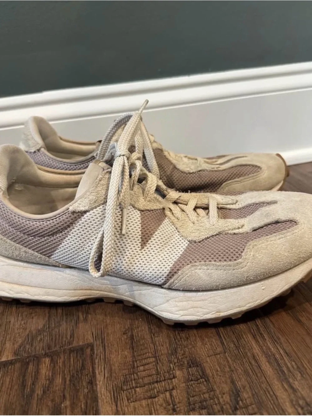 New Balance Men's Beige and Cream Mesh Suede Sneakers